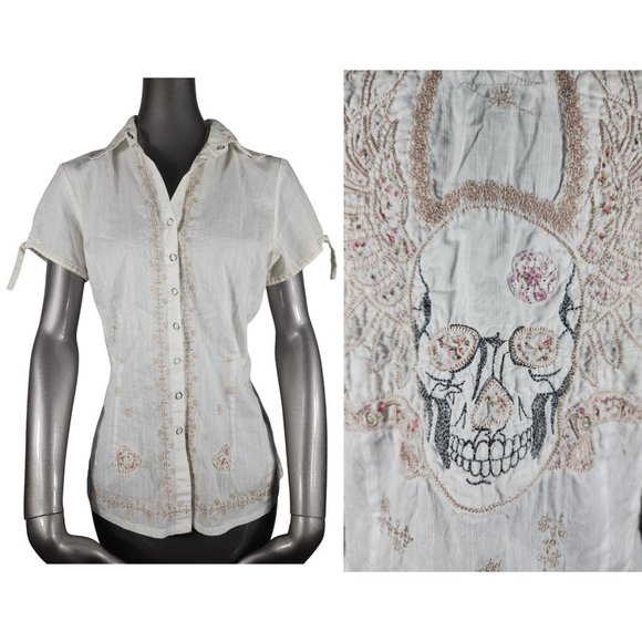 Johnny Was Skull Top Two Ten Ten Five Embroidered Snap Blouse Shirt Medium - Picture 1 of 9